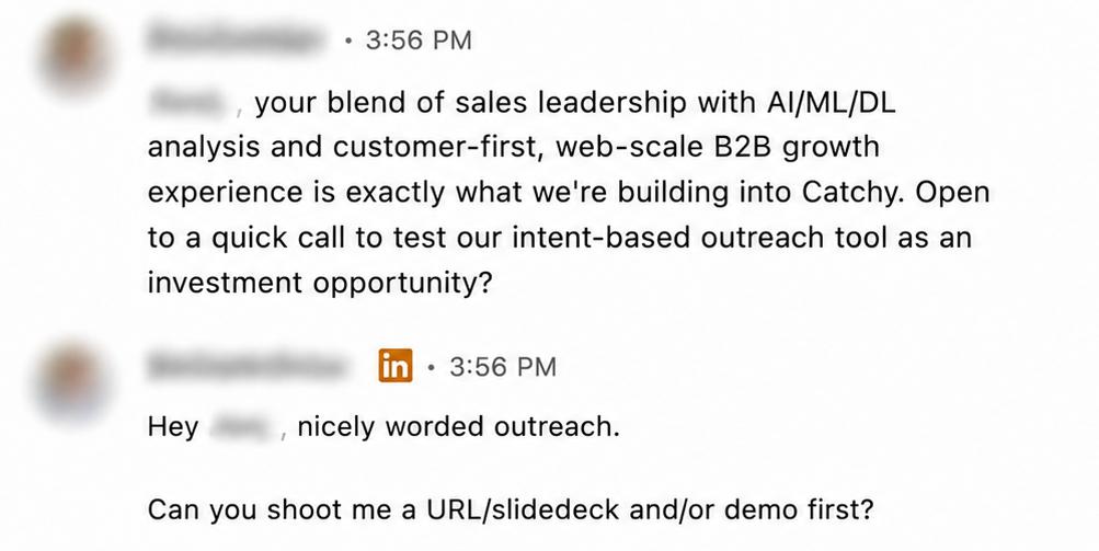 LinkedIn outreach reply: VC asking for URL, slidedeck or demo after personalized message